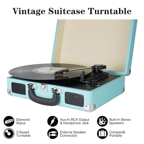 Vinyl Record Player, 3 Speeds Suitcase Portable Record Player with Built-in Speakers, Vintage Belt Driven Turntable with RCA Output/Headphone/Aux in Jack/45 Adapter Blue thumbnail 2