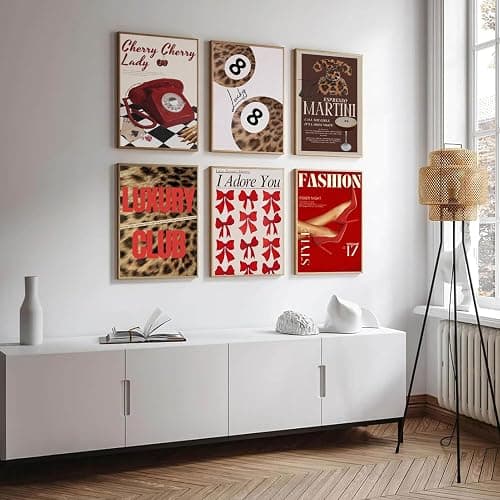 6Pcs Trendy Leopard Wall Art Gallery Girly Prints Red Fashion Wall Canvas Pictures Preppy Funky Aesthetic Lucky Decor posters prints for Girly Bedroom Dorm Apartment Living room Decorations Unframed thumbnail 4