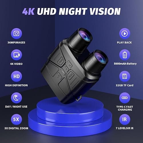 Night Vision Goggles - 4K Night Vision Binoculars with 5000mAh Rechargeable Battery, 32GB TF Card can Save Photo and Video, 3'' HD Screen for Camping & Security, Black thumbnail 2