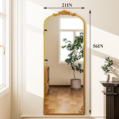 GLSLAND 56"x21" Vintage Full Length Mirror - Carved Arched Floor Standing Mirror, Baroque Full Body Mirrors for Bedroom Living Room Entryway, Gold Frame thumbnail 2