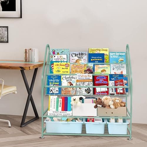 aboxoo Metal Kids Bookshelf Green Freestanding for Children Room 32 in Toy Organizer Book Unit Storage Large Green Stable Bookcase Bookstore Living Room Bed Room Library thumbnail 7