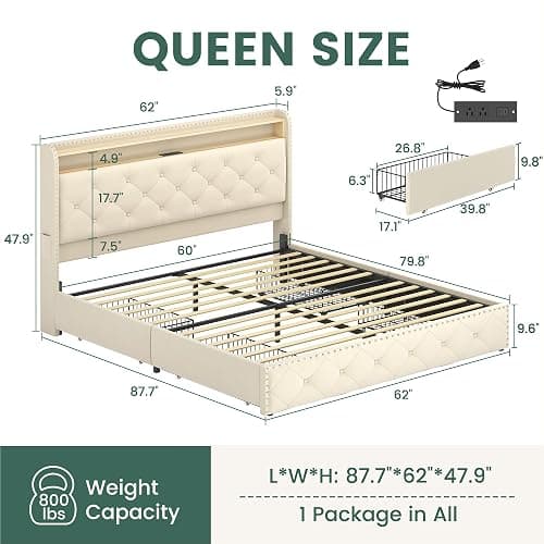 LARMACE Queen Size Bed Frame with 4 Storage Drawers and Charging Station,Velvet Upholstered Platform Bed Frame with LED Headboard,Heavy Duty,No Box Spring Needed,Easy Assembly,Beige thumbnail 2