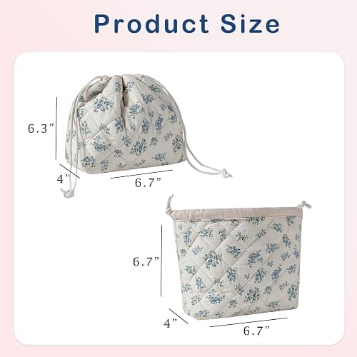Cotton Quilted Drawstring Makeup Bag with Canvas Lining,Coquette Aesthetic Cute Travel Toiletry Bag,Drawstring Gift Bag for Women and Girls（11Blue Flower） thumbnail 4
