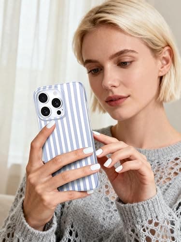 Compatible with iPhone 16 Pro Max Case, with Aesthetics Striped Design Case for Women Girl, Cute Fashion Soft TPU Slim Protection Phone Case for iPhone 16 Pro Max 6.9'' - Light Blue & White thumbnail 6