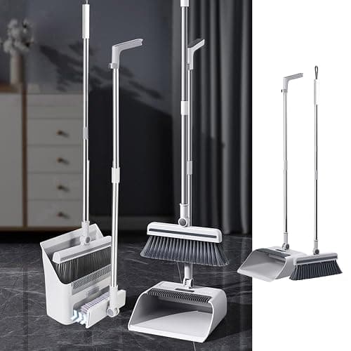 3-in-1 Broom and Dustpan Set with Cleaning Teeth, 38" Stainless Steel Long Handle,Standing Storage, Indoor Sweeping Combo for for Home & Kitchen, Brooms with Dustpan Combo Set, White - Image 1