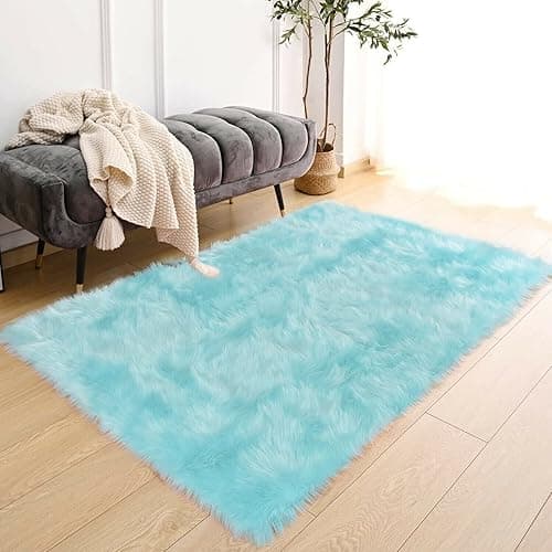 Latepis High Pile Faux Fur Area Rug, 4x6 ft, Light Blue, Living Room, Bedroom Decor, Washable, Fluffy, Luxury Home Decor - 4 x 6 ft Rectangle - Light Blue thumbnail 7