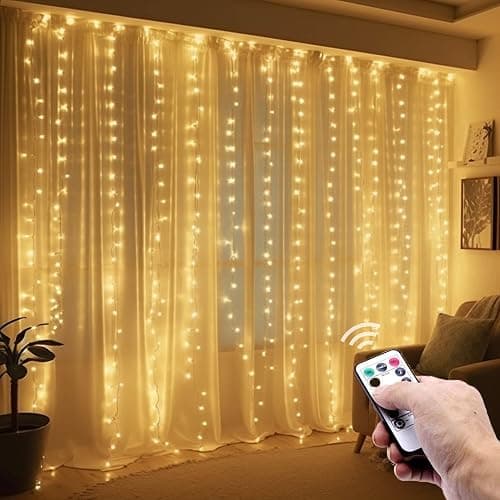 poripori 300 LED Curtain String Lights, Twinkle Fairy Lights for Bedroom with 8 Lighting Modes, USB Christmas Lights for Party Home Bedroom Indoor Wall Room Decor (Warm White) - Image 1