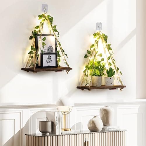 EXIN DECHEN Floating Shelves for Wall No Drilling,Wall Shelves,Hanging Shelf,Leaves and Light Strip with Flower,Set of 2 Plant Decor for Home Livingroom Bedroom,Led Room Decor Aesthetic,Gift thumbnail 2