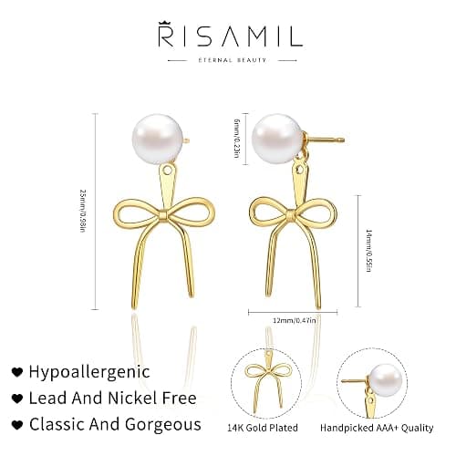 Risamil 14K Gold Plated/Silver Earrings for Women Trendy, Dainty Bow Earrings for Women Cute Pearl Huggie Earring Hoops Twist Rope Bow Stud Pearl Dangle Cubic Zirconia Earrings Jewelry Gifts thumbnail 5