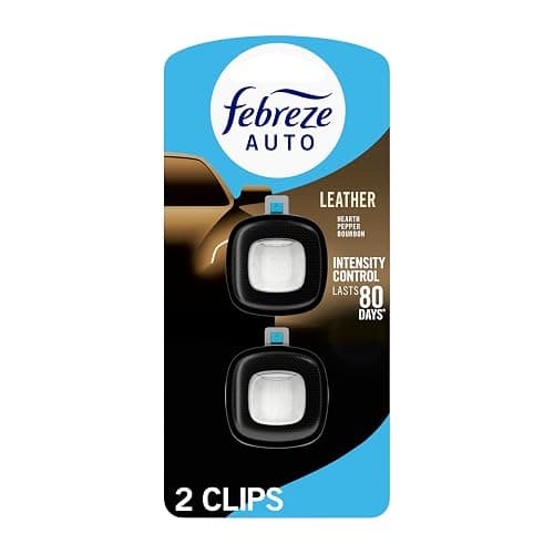 Febreze AUTO Air Freshener, Odor-Fighting Automotive Vent Clip, Scented Car Accessories, Long Lasting for Strong Odors, Leather, 2 Count - Image 1