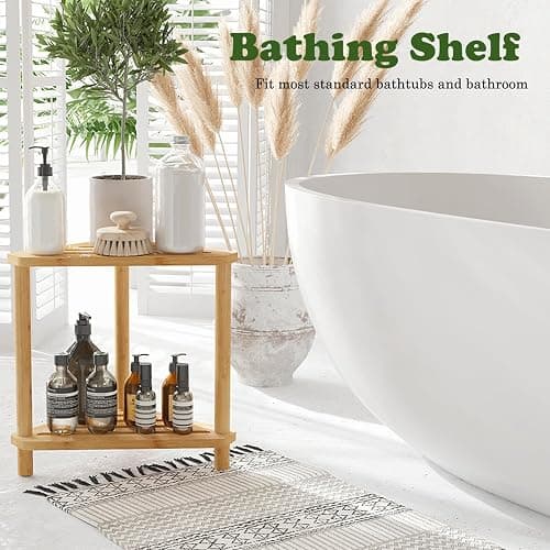 Bamboo Corner Shower Stool,2-Tier Waterproof Shower Stool for Inside Shower Shaving Leg,Small Spaces,Shower Foot Rest with Storage Shelf,Shower Bench,Bath Seat,Corner Nightstand gift for women mom thumbnail 4