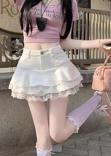 Y2K High Waist Denim Mini Skirt for Women - Layered A-Line Skater Skirt with Lace Trim, Casual Streetwear thumbnail 7