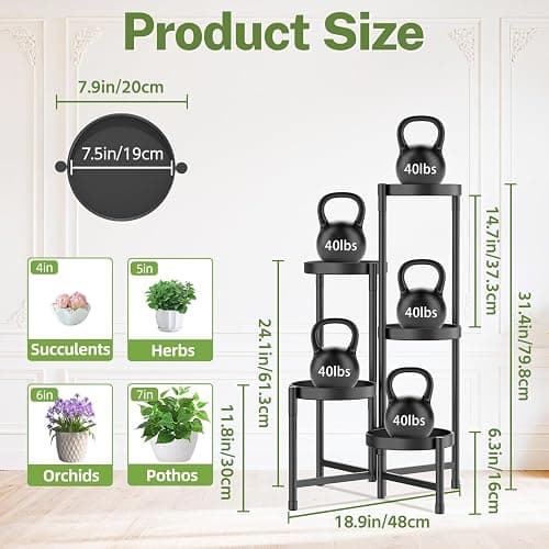 iDavosic.ly Plant Stand Indoor Outdoor, 5 Tier Corner Metal Flower Display Holder Shelf, Easy Assembly Folding Tall Orchid Rack for Patio Balcony Porch Garden Living Room House, Black thumbnail 2