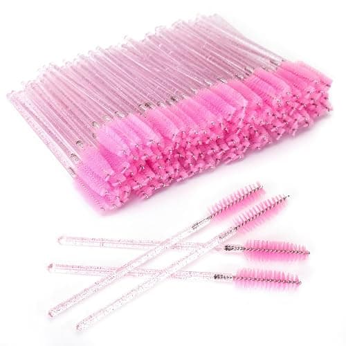 G2PLUS 100 PCS Disposable Eyelash Brushes Spoolies: Pink Crystal Mascara Wands Applicator for Eyelash Extensions - Image 1