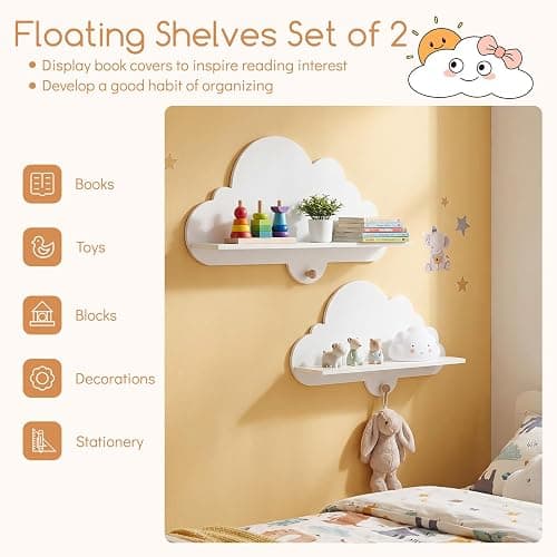 Costzon 2 Pieces Floating Cloud Shelves, Wall Mounted Kids Bookshelf w/Compartments, Cute Corner Bookshelves, Space Saving Wall Shelves for Kid's Room, Nursery, Playroom & Bedroom (White Cloud) thumbnail 3