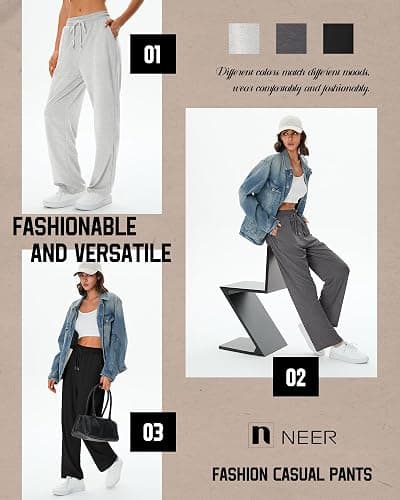 Neer 3 Pack Women's Sweatpants with Pockets, High Waisted Casual Yoga Pants Cozy Lounge Drawstring Loose Wide Leg Jogger thumbnail 6