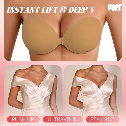 Puff Sticky Bra Push Up Strapless Backless Adhesive Bra for Women,Invisible Silicone Lift Nipple Covers thumbnail 3