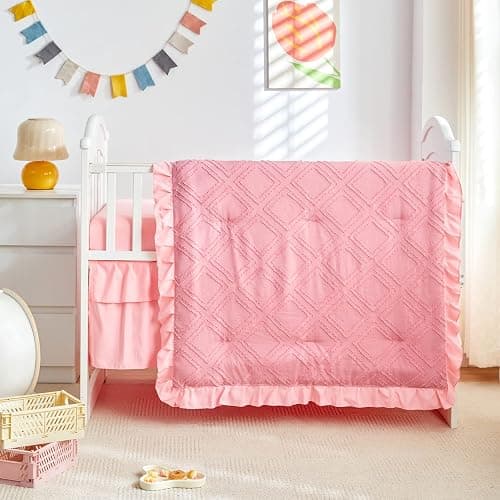 Mini Crib Bedding Set 3 Pieces Baby Boho Quilted Tufted Ruffles Comforter with Fitted Sheet and Ruffled Bed Skirt - Cute Shabby Baby Bedding Fits Mini Crib Only Pink thumbnail 4
