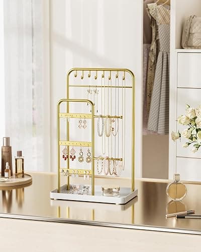 pickpiff Jewelry Holder Stand: Jewelry Display for Necklace, Bracelet, Earring, Ring, White & Gold thumbnail 2