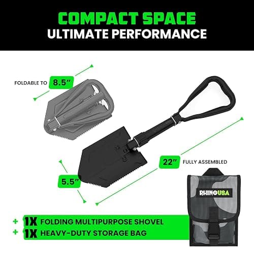 RHINO USA Folding Survival Shovel w/Pick - Heavy Duty Carbon Steel Military Style Entrenching Tool for Off Road, Camping, Gardening, Beach, Digging Dirt, Sand, Mud & Snow. thumbnail 2