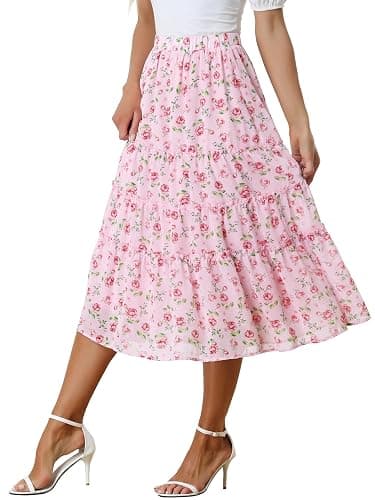 Allegra K Women's Floral Skirt Chiffon A-line Long Tiered Ruffle Boho Summer Midi Skirts - Image 1