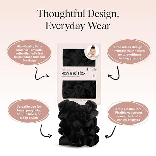 Kitsch Satin Scrunchies for Women – No Crease Hair Ties – Soft Satin Hair Scrunchies for Girls – Frizz Free, Gentle, Stylish Hair Accessories | Ideal Gifts for Women – Black, 5 pcs thumbnail 4