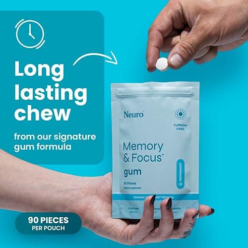 Neuro Memory & Focus Gum - Nootropic Gum with Vitamin B12, Vitamin B6, L-Theanine & Ginseng Extract - Natural Brain Support Supplement - Vegan, Caffeine & Sugar Free Chews - Peppermint, 90 ct thumbnail 6