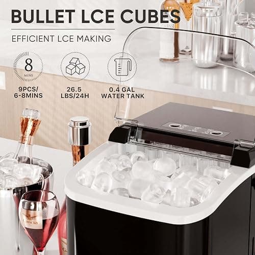 DUMOS Countertop Ice Maker with Handle, 26lbs/24H Portable Ice Machine, 9 Bullet Ice Cubes Ready in 6 Mins, Self-Cleaning, Quiet Compact Ice Maker for Home, Kitchen, RV, Camping, Black thumbnail 4