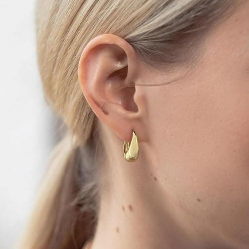 STAYLOVE Small Chunky Gold Hoops Teardrop Huggie Earrings 925 Sterling Silver Post 14k Gold Plated Oval Thick Hoop Earrings for Women thumbnail 2