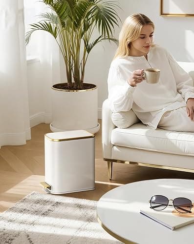Cesun Small Bathroom Trash Can with Lid Soft Close, 5 Liter/1.3 Gallon Stainless Steel Garbage Can with Removable Inner Bucket, Step Pedal, Slim Waste Basket for Toilet, Office, Bedroom (White&Gold) thumbnail 2