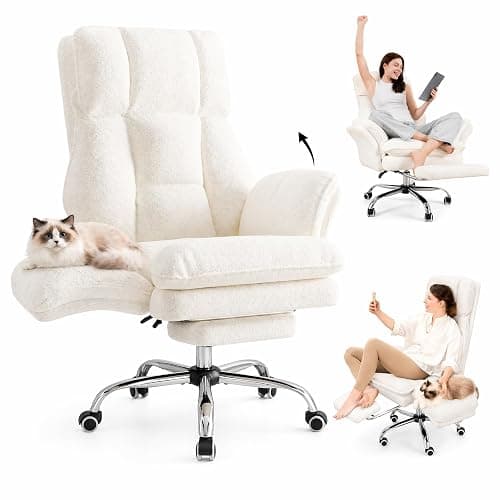 HOMRELEXA Big and Tall Office Chair, Flip Armrests for Pets & Cross Legged Sitting, Executive Ergonomic Computer Gaming Chair with Foot Rest, Teddy Fleece Wide Seat Reclining Desk Chair, Beige - Image 1