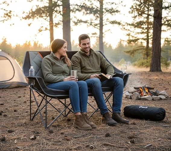 EMERIT Oversized Camping Chair with 650LB Capacity - Heavy Duty Folding Loveseat Camping Couch with Deep Seat & Rip-Resistant Fabric, Padded Comfort, Cup Holders for Outdoor, Lawn & Sports. thumbnail 2