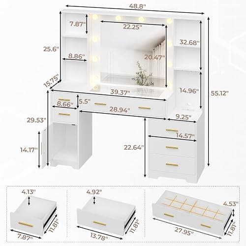 Hasuit 48.8'' Large Vanity Desk with Lighted Mirror & Power Outlet, White Makeup Vanity Table with 6 Drawers, 4 Shelves and 1 Storage Cabinet, Glass Tabletop Bedroom Dressing Table, 3 Lighting Modes thumbnail 2