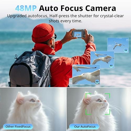 4K Digital Camera for Photography and Video, Autofocus 48MP Vlogging Camera for YouTube with 3'' 180°Flip Screen 16X Zoom Compact Travel Cameras with SD Card, 2 Batteries, Anti-Shake, Flash (Black) thumbnail 3