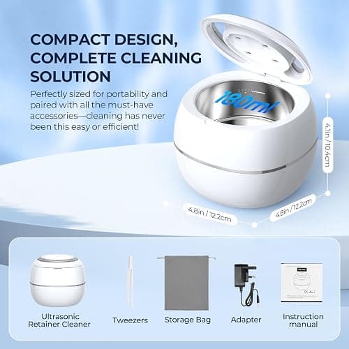 Ultrasonic Retainer Cleaner, 42kHz Ultrasonic Tooth Cleaner with Visible Window and Two Modes, 180ML Ultrasonic UV Cleaner Machine for Retainer, Dentures, Mouth Guard, Aligner thumbnail 7