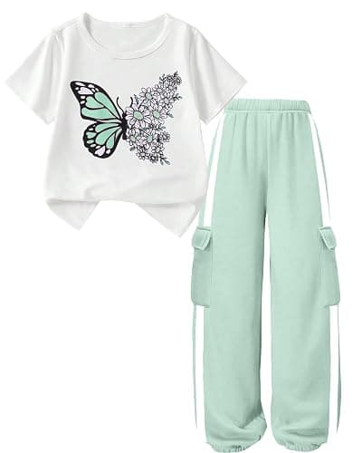 EuquixZeph Girls 2 Piece Outfits Kids Short Sleeve T-Shirt Top Cargo Pants Sweatsuit Tracksuit Jogger Sweatpants Sets 4-13Y - Image 1