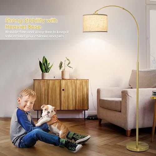 Gold Floor Lamp, Arc Floor Lamp for Living Room with Adjustable Drum Lampshade, Modern Tall Standing Lamp with On/Off Foot Switch, Over Couch Arched Reading Light for Reading, Bedroom, Office thumbnail 6