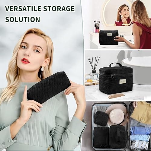 LVWNM 4 Pcs Makeup Bag for Women Corduroy Cosmetic Bag Aesthetic Cute Bags Multi Size Purse Pouch Travel Toiletry Bag Set Makeup Organizer with Zipper(Black) thumbnail 5