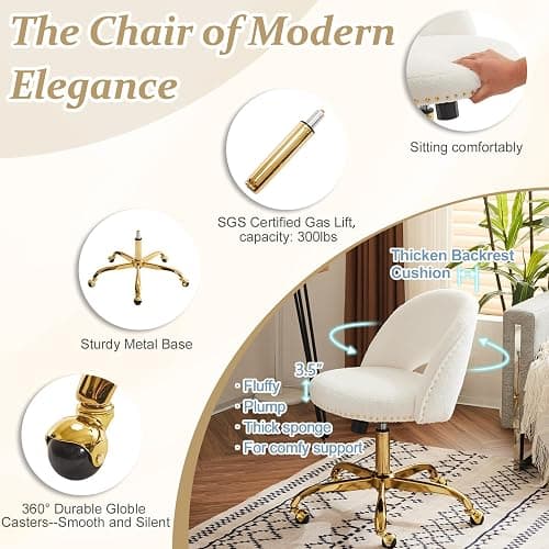VINGLI Modern Teddy Fluffy Small Office Chair,Cute Desk Chair with Wheels,Gold Base/Studs, Comfy Armless Swivel Vanity Task Chair for Women/Girl/Kids, Nail Tech Chair for Bedroom,Small Space,White thumbnail 3