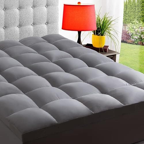 ELEMUSE King Grey Mattress Topper for Back Pain, Extra Thick Mattress Pad Cover, Plush Soft Pillowtop with Elastic Deep Pocket, Overfilled Down Alternative Filling - Image 1