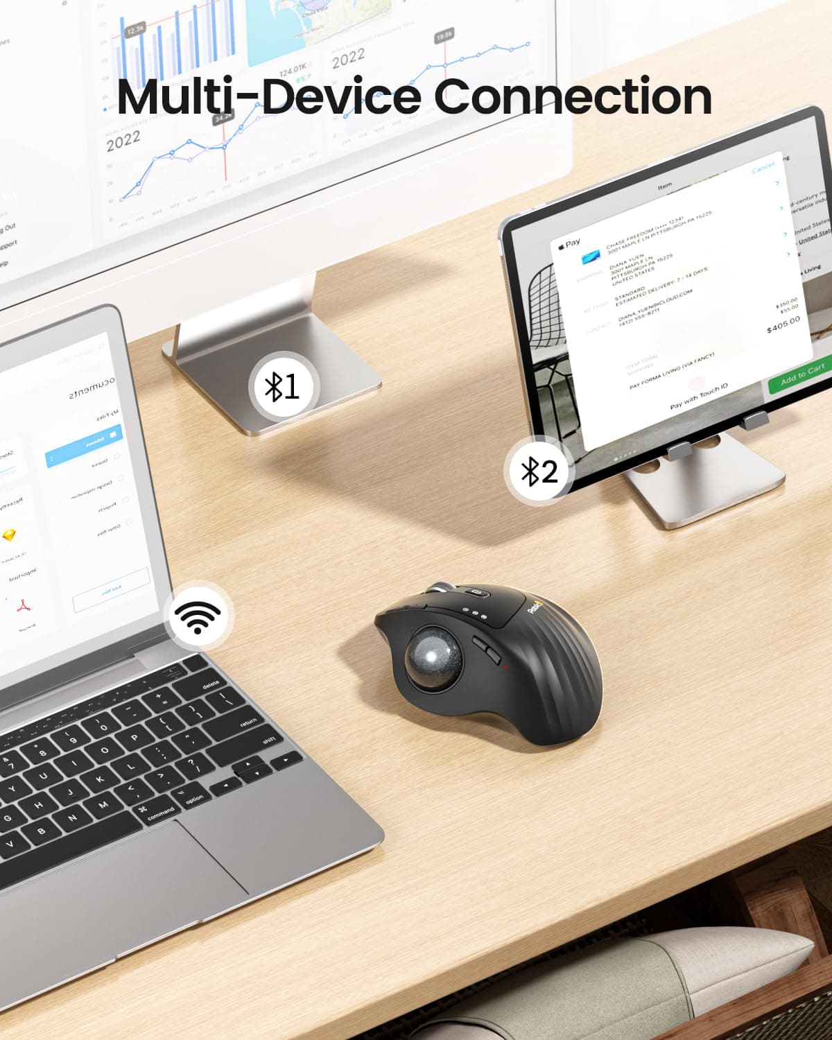 ProtoArc Wireless Trackball Mouse, EM01 NL Ergonomic Bluetooth Rollerball Thumb Rechargeable Computer Laptop Mouse, Adjustable Angle & 3 Device Connection for PC, Mac, Windows-Gray Ball thumbnail 4