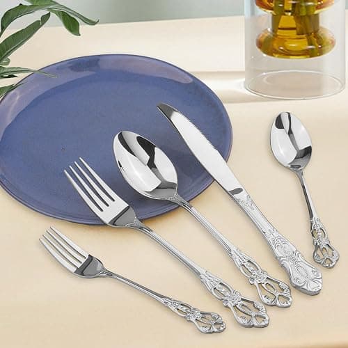 Retro Royal Silverware Set With Gift Box, 60-Pieces Cutlery Set Utensils Stainless Steel Flatware For 12 MIKIWAY Kitchen Tableware Set For Gifts Festive, Dishwasher Safe, Mirror Polishing thumbnail 2
