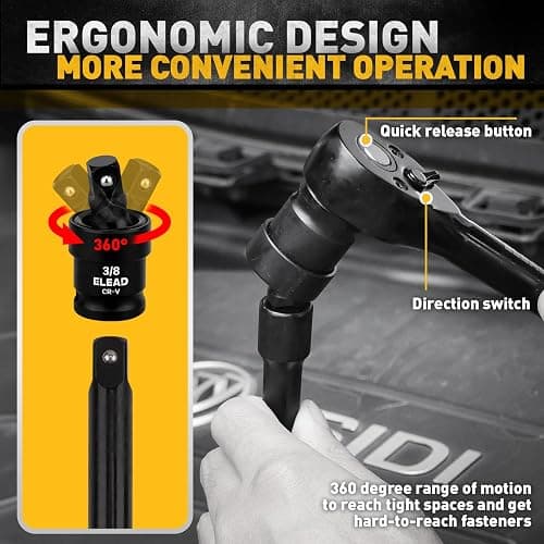 ELEAD 3/8" Drive Impact Socket Set, 96-Piece Deep & Shallow Socket Set Metric and Standard Full with Adapters, Ratchet Handle, Universal Joint, Extension Bar, Screwdriver Bit Sets, Spark Plug Sockets thumbnail 5