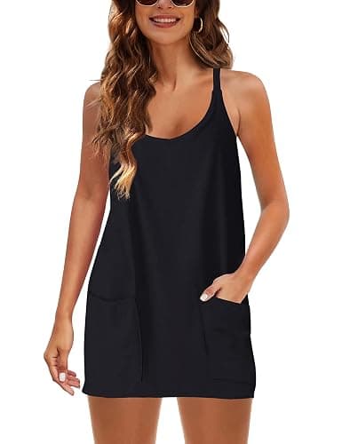 Zhiyouni Women's Summer Sleeveless Mini Dress V Neck Spaghetti Straps Athletic Built-in Shorts Sundress thumbnail 5