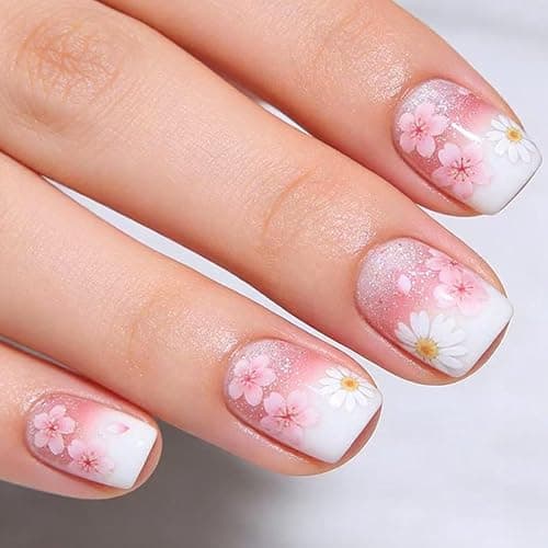 Flower Press on Nails Short Square Fake Nails with Floral Glitter Designs Spring Nails Press ons Pink White Glue on Nails Cute False Nails Summer Stick on Nails for Women 24Pcs - Image 1