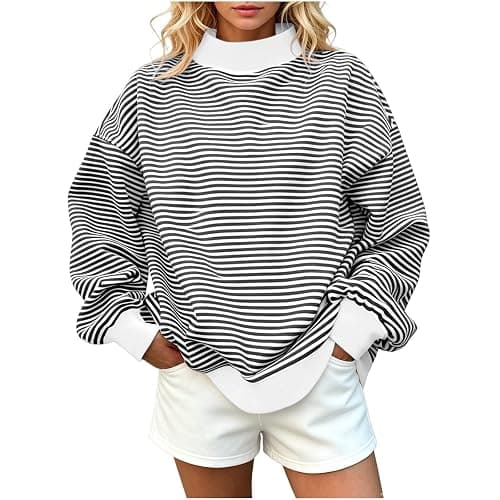 Womens Striped Sweatshirt Mock Neck Long Sleeve Casual Loose Pullover | Classic Stripe Pattern,Soft Comfortable Fabric,Relaxed Oversized Fit,Mock Neck Design,Daily Casual Streetwear Style thumbnail 5