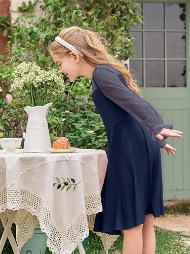 Haloumoning Girls Contrast Mesh Long Sleeve High Waist A Line Short Dress with Pockets 4-14 Years thumbnail 7