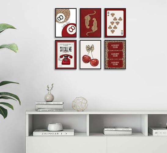 SYZPIKU 6Pcs Trendy Red Leopard Wall Art Cheetah Wall Decor Lucky 8 Ball Poster Red Cherry Bow Canvas Painting for Girls Bedroom Apartment Dorm Home Artwork Decorations Unframed thumbnail 3