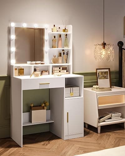 Hzuaneri Vanity Desk with Mirror and 10 LED Lights, Makeup Vanity with 3 Shelves & 4 Open Compartments, Dressing Table with Large Drawer & Cabinet, 3 Adjustable Lighting Brightness, White VT08103XCA thumbnail 3