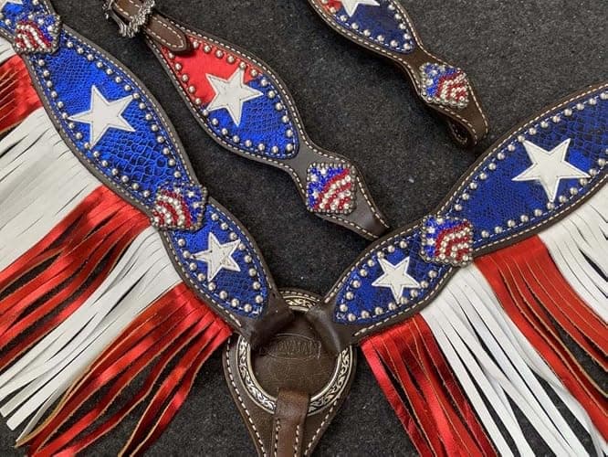 Showman Single Ear Leather Headstall & Breast Collar Set w/Patriotic Design, Average Full Size Horse thumbnail 4
